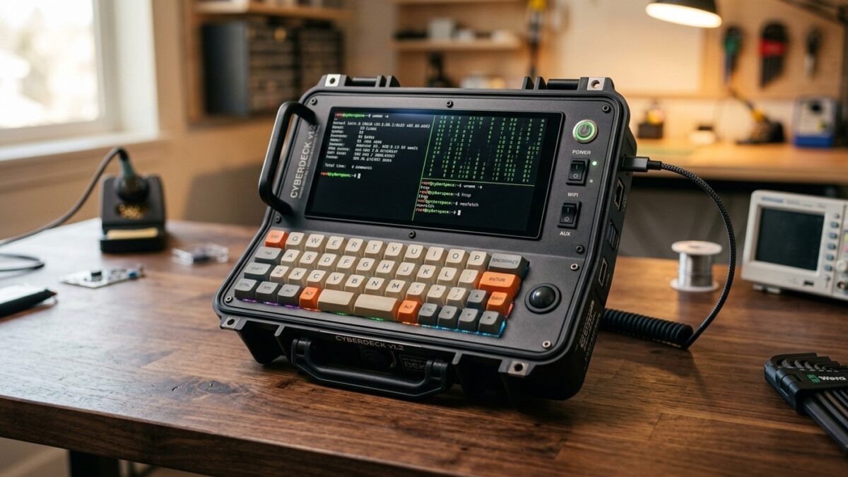 Fotografia realista de um computador cyberdeck artesanal com teclado mecânico e tela com terminal Linux sobre bancada de eletrônica maker