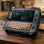 Fotografia realista de um computador cyberdeck artesanal com teclado mecânico e tela com terminal Linux sobre bancada de eletrônica maker