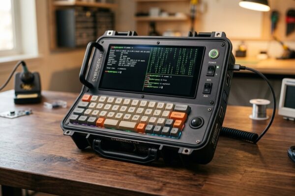 Fotografia realista de um computador cyberdeck artesanal com teclado mecânico e tela com terminal Linux sobre bancada de eletrônica maker