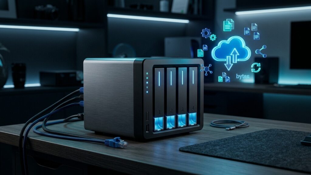 Renderização 3D de um servidor NAS de armazenamento conectado à rede sobre mesa de escritório com luzes LED azuis e ícones de nuvem de backup