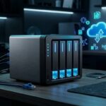 Renderização 3D de um servidor NAS de armazenamento conectado à rede sobre mesa de escritório com luzes LED azuis e ícones de nuvem de backup