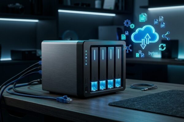 Renderização 3D de um servidor NAS de armazenamento conectado à rede sobre mesa de escritório com luzes LED azuis e ícones de nuvem de backup