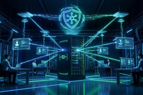Renderização 3D de um servidor central de autenticação de rede RADIUS com escudo holográfico e conexões seguras de rede em data center