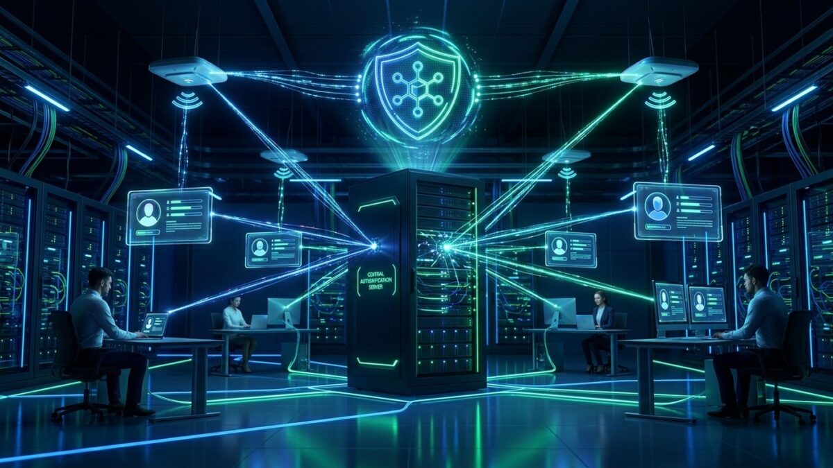 Renderização 3D de um servidor central de autenticação de rede RADIUS com escudo holográfico e conexões seguras de rede em data center