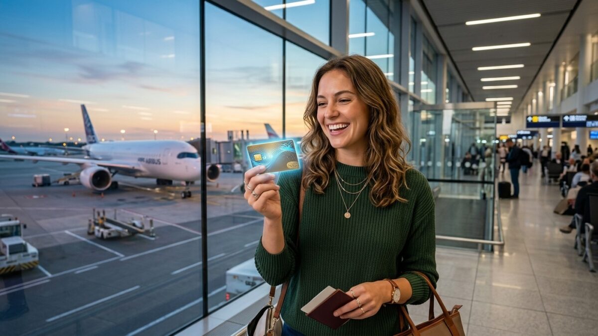 Mulher sorridente no aeroporto segurando um cartão de crédito brilhante representando o acúmulo de milhas aéreas