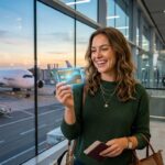 Mulher sorridente no aeroporto segurando um cartão de crédito brilhante representando o acúmulo de milhas aéreas