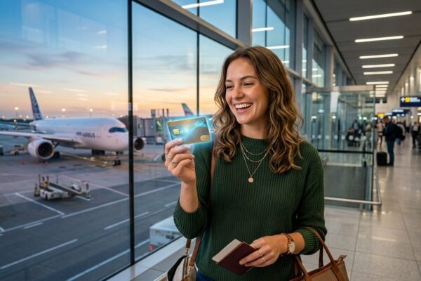 Mulher sorridente no aeroporto segurando um cartão de crédito brilhante representando o acúmulo de milhas aéreas