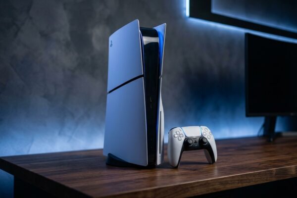 Console PlayStation 5 Slim Edição Digital em pé ao lado do controle sem fio DualSense em estúdio