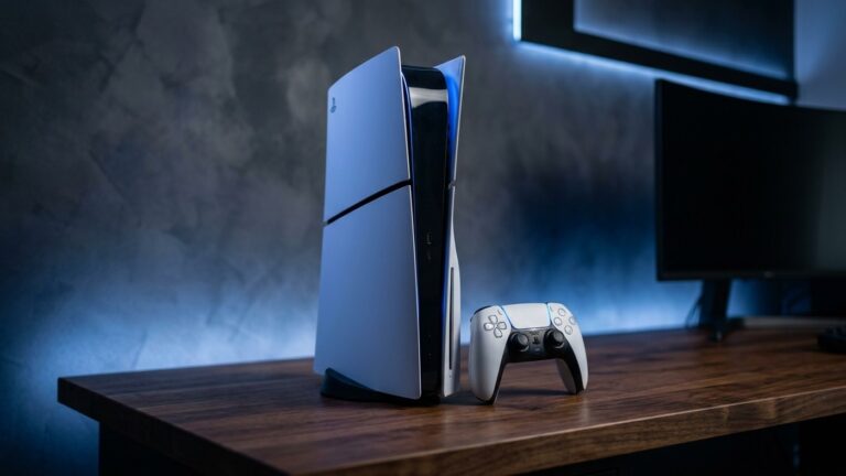 Console PlayStation 5 Slim Edição Digital em pé ao lado do controle sem fio DualSense em estúdio
