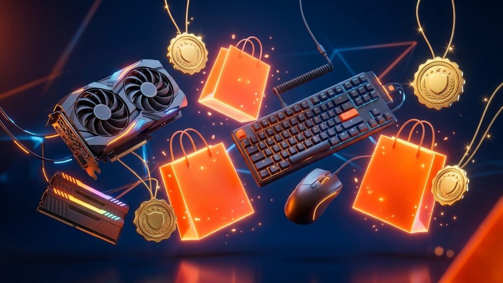 Renderização 3D de peças de hardware de computador e teclado mecânico flutuando ao lado de sacolas de compras da Shopee e medalhas de loja oficial verificada