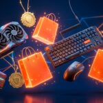 Renderização 3D de peças de hardware de computador e teclado mecânico flutuando ao lado de sacolas de compras da Shopee e medalhas de loja oficial verificada