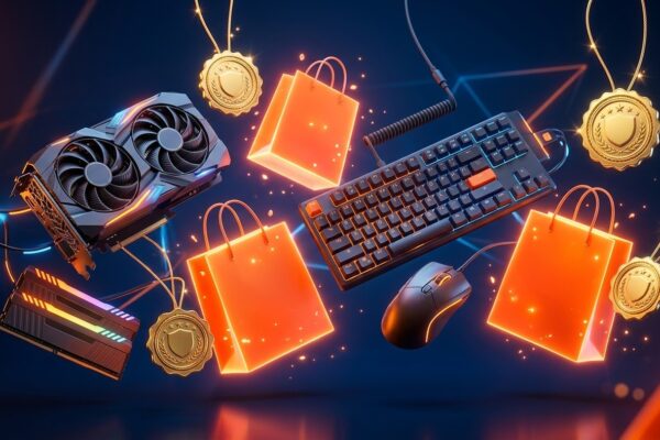 Renderização 3D de peças de hardware de computador e teclado mecânico flutuando ao lado de sacolas de compras da Shopee e medalhas de loja oficial verificada