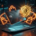Renderização 3D de um cartão de crédito flutuando sobre a tela de um smartphone exibindo extrato de fatura ao lado de sacolas da Shopee e escudo de segurança