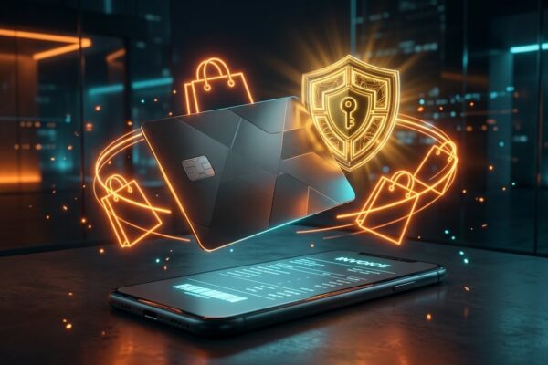 Renderização 3D de um cartão de crédito flutuando sobre a tela de um smartphone exibindo extrato de fatura ao lado de sacolas da Shopee e escudo de segurança