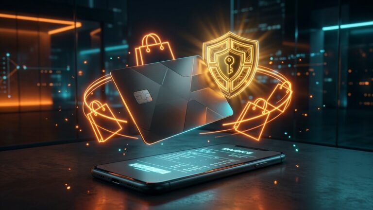 Renderização 3D de um cartão de crédito flutuando sobre a tela de um smartphone exibindo extrato de fatura ao lado de sacolas da Shopee e escudo de segurança
