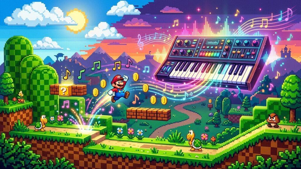Ilustração 3D em estilo pixel art da fase de Super Mario World com notas musicais e teclado sintetizador retro