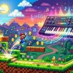 Ilustração 3D em estilo pixel art da fase de Super Mario World com notas musicais e teclado sintetizador retro