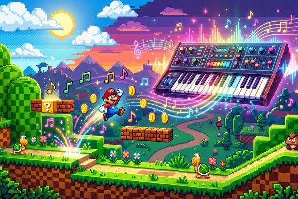 Ilustração 3D em estilo pixel art da fase de Super Mario World com notas musicais e teclado sintetizador retro