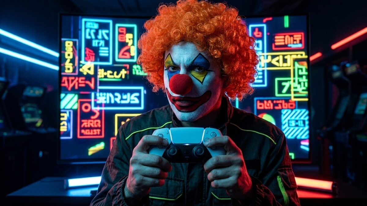Gamer maquiado de palhaço segurando controle de PlayStation com tela de anúncios ao fundo