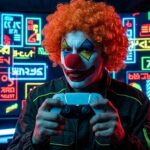 Gamer maquiado de palhaço segurando controle de PlayStation com tela de anúncios ao fundo