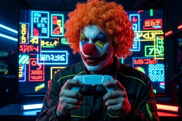 Gamer maquiado de palhaço segurando controle de PlayStation com tela de anúncios ao fundo