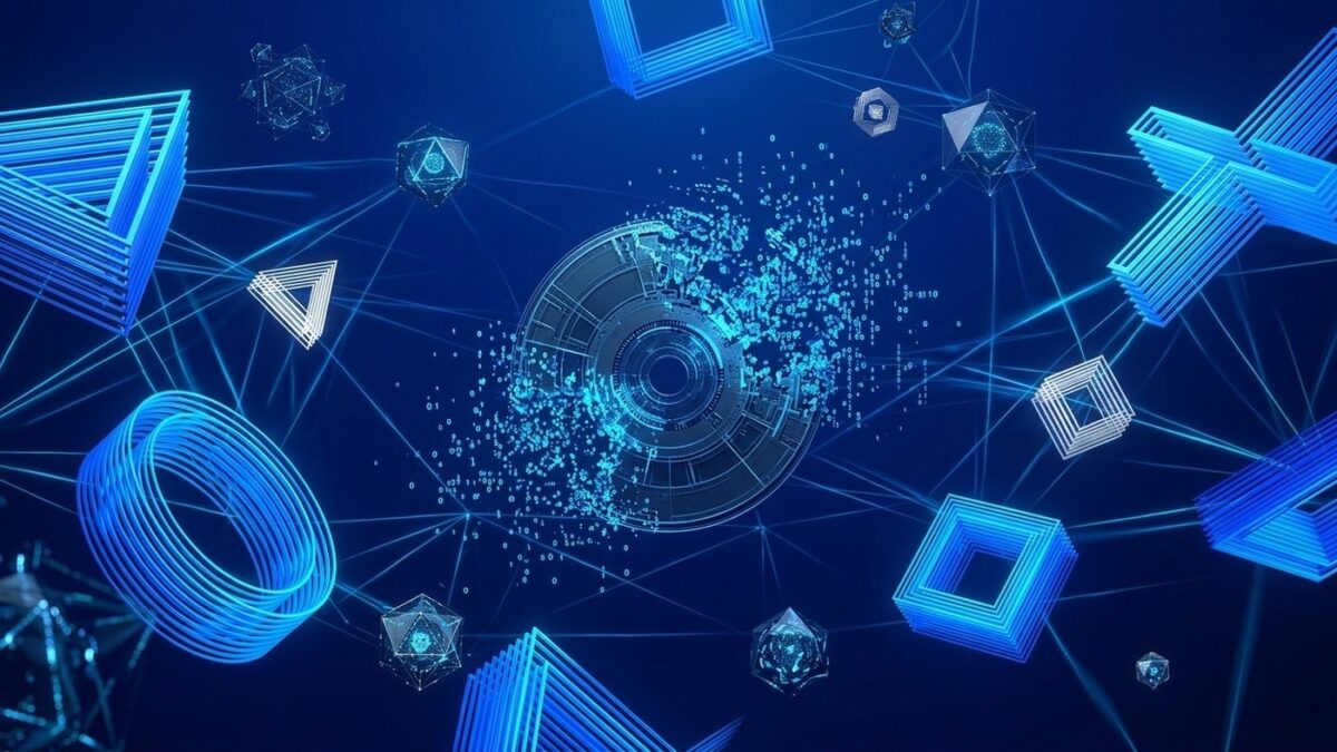 Renderização 3D de avatares de inteligência artificial e bots em telas digitais ao lado de discos de jogos se desfazendo