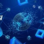 Renderização 3D de avatares de inteligência artificial e bots em telas digitais ao lado de discos de jogos se desfazendo