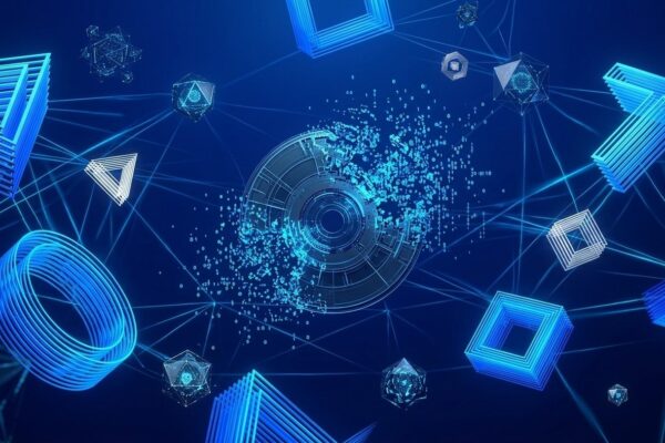 Renderização 3D de avatares de inteligência artificial e bots em telas digitais ao lado de discos de jogos se desfazendo