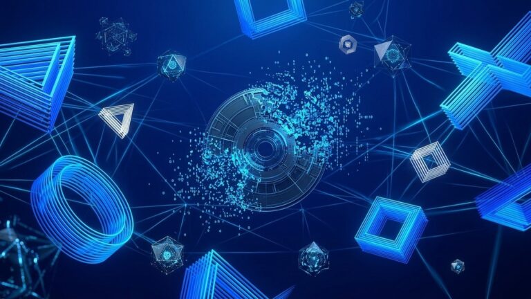 Renderização 3D de avatares de inteligência artificial e bots em telas digitais ao lado de discos de jogos se desfazendo
