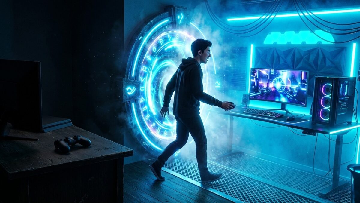 Renderização 3D dramática de um disco de videogame se desfazendo em partículas digitais ao lado de um computador gamer