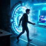 Renderização 3D dramática de um disco de videogame se desfazendo em partículas digitais ao lado de um computador gamer