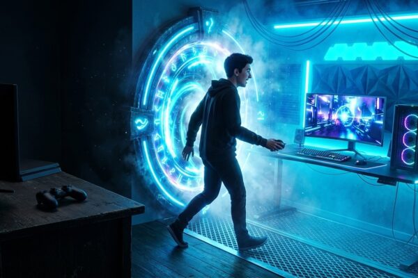 Renderização 3D dramática de um disco de videogame se desfazendo em partículas digitais ao lado de um computador gamer