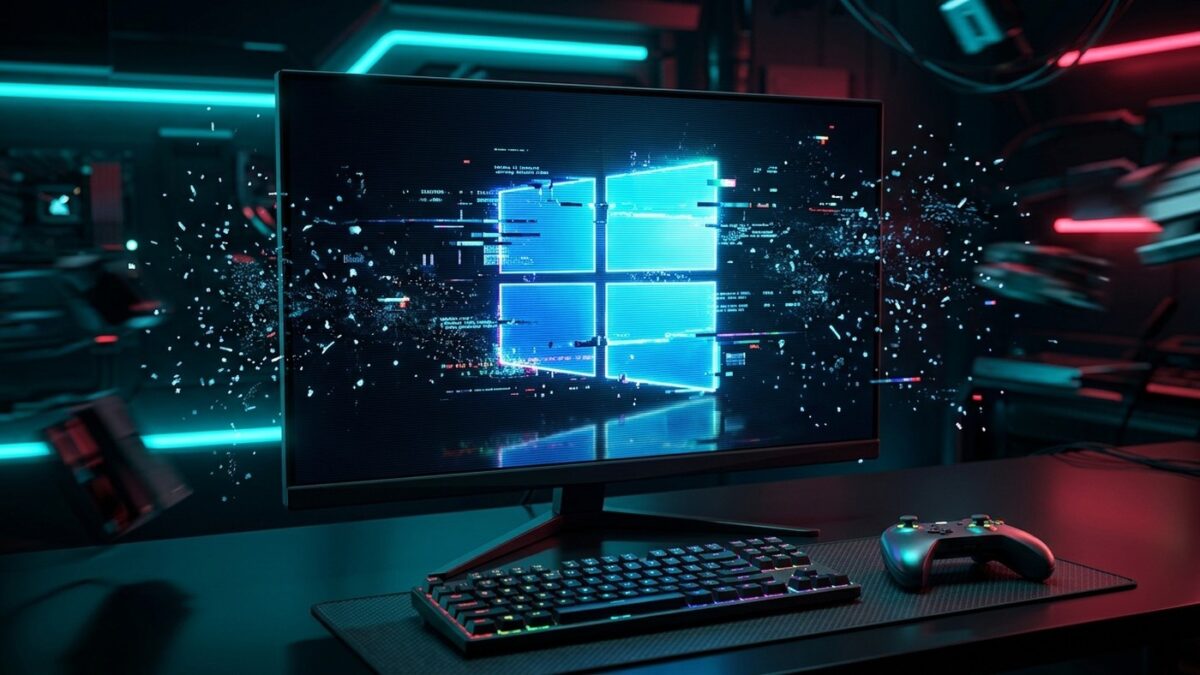 Logotipo do Windows 11 em tela de monitor gamer com efeito de falha e erro digital ao lado de teclado e controle