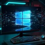 Logotipo do Windows 11 em tela de monitor gamer com efeito de falha e erro digital ao lado de teclado e controle