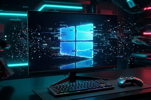 Logotipo do Windows 11 em tela de monitor gamer com efeito de falha e erro digital ao lado de teclado e controle