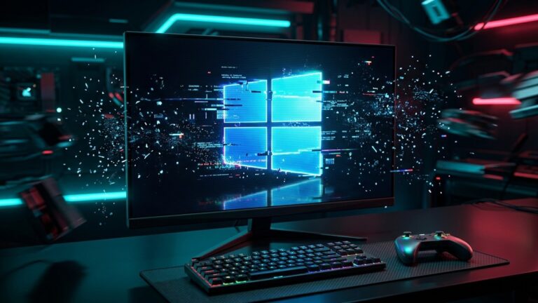 Logotipo do Windows 11 em tela de monitor gamer com efeito de falha e erro digital ao lado de teclado e controle