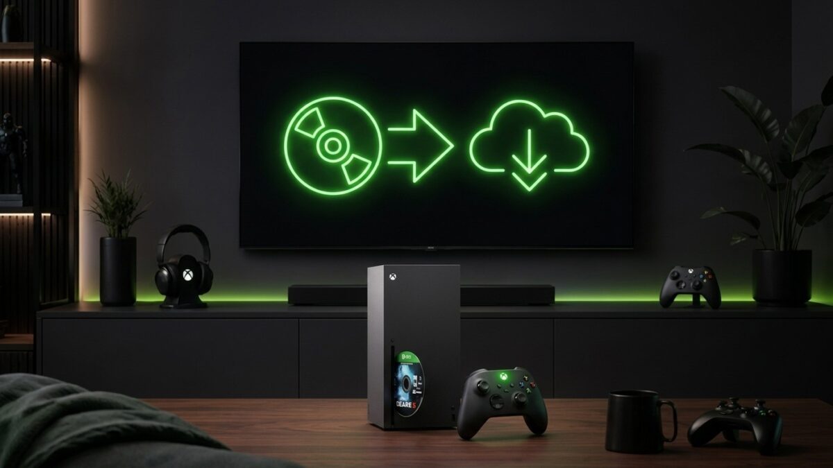 Fotografia realista de console Xbox Series X em sala de estar com TV ao fundo exibindo transformação de disco físico em download digital na nuvem