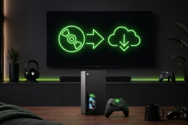 Fotografia realista de console Xbox Series X em sala de estar com TV ao fundo exibindo transformação de disco físico em download digital na nuvem
