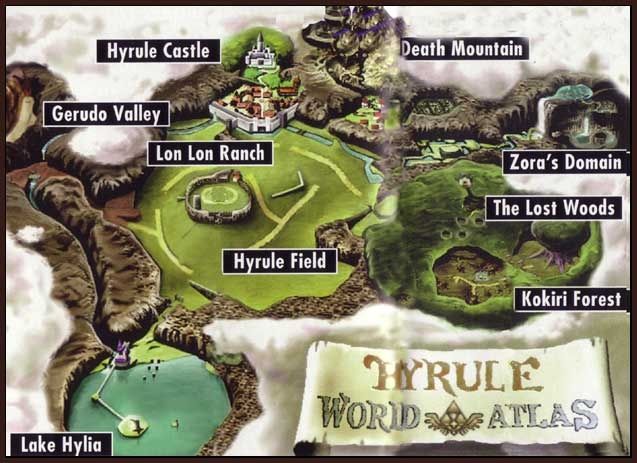 Mapa clássico Hyrule World Atlas do manual de The Legend of Zelda: Ocarina of Time no Nintendo 64
