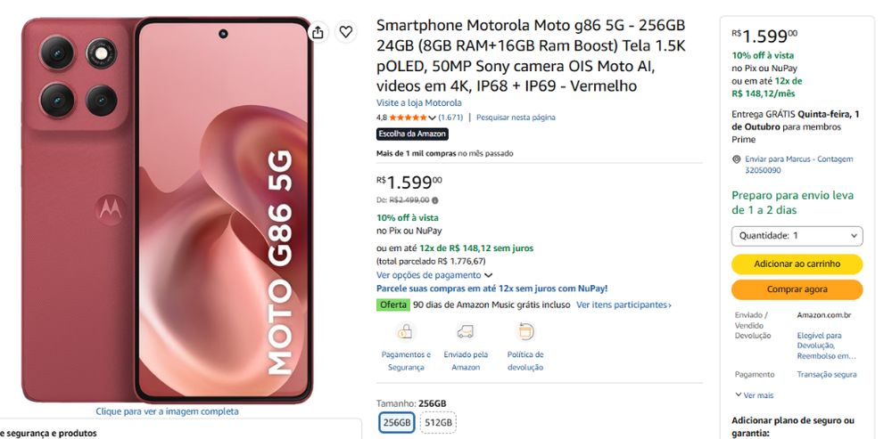 Motorola Moto G86 5G na Amazon Brasil por R$ 1.599