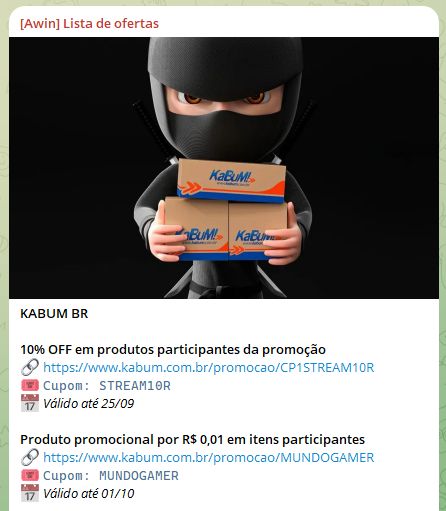 Print oficial do comunicado da Awin listando ofertas do KaBuM incluindo produto promocional por R$ 0,01
