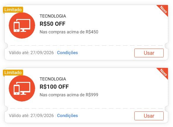 Print oficial dos cupons de Tecnologia da Shopee com R$ 50 e R$ 100 OFF
