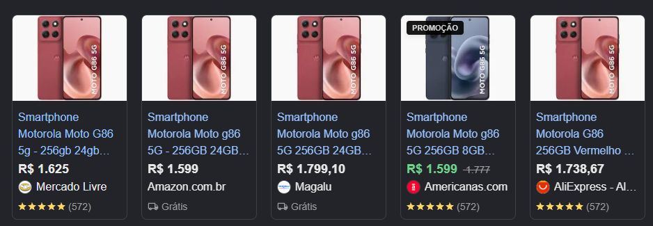 Comparativo de precos do Motorola Moto G86 no Google Shopping