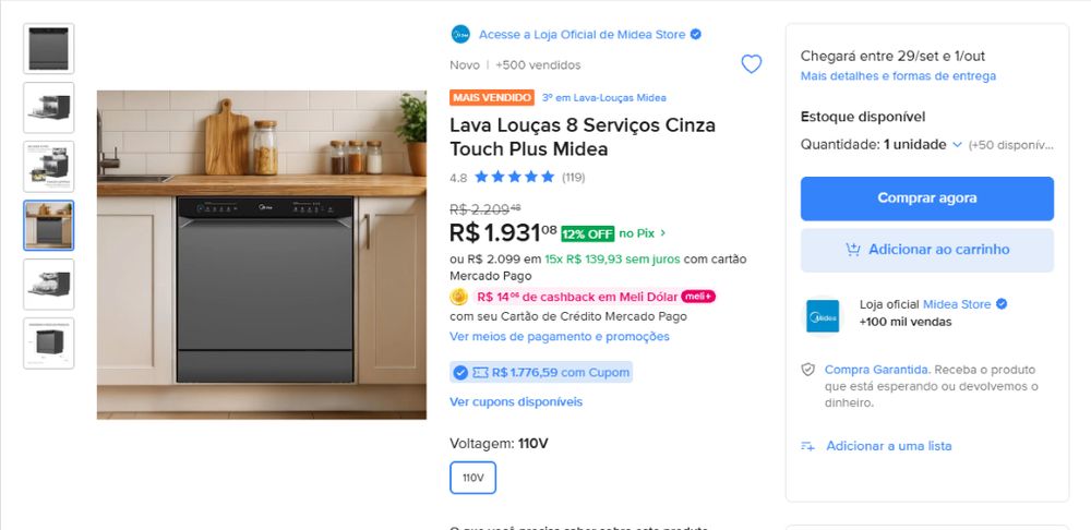 Captura de tela comprovando a Lava Louças Midea 8 Serviços Touch Plus por R$ 1.776 com cupom no Mercado Livre