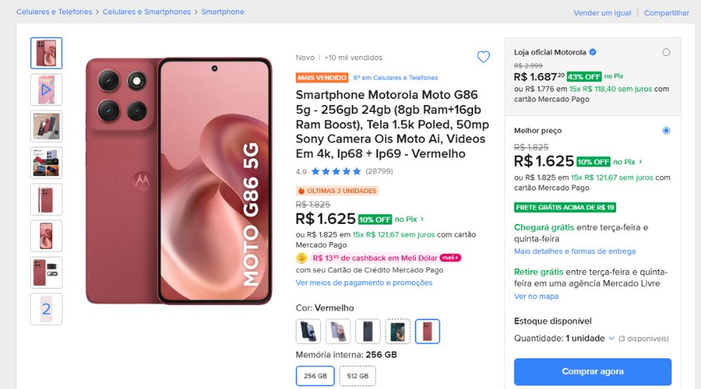Motorola Moto G86 5G no Mercado Livre por R$ 1.625