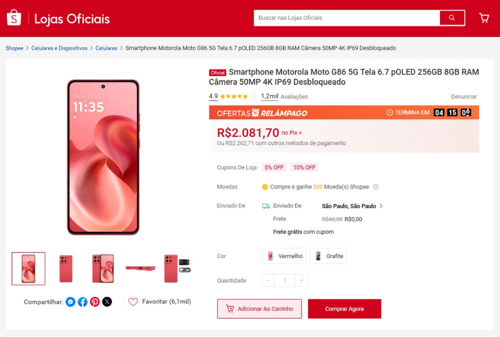 Oferta Relampago do Motorola Moto G86 na Shopee por R$ 2.081,70