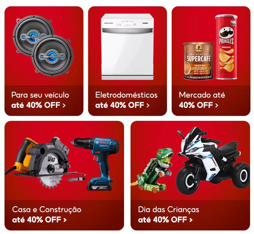 Categorias em promoção na Shopee com até 40% OFF: Som automotivo, Eletrodomésticos, Mercado, Ferramentas e Dia das Crianças