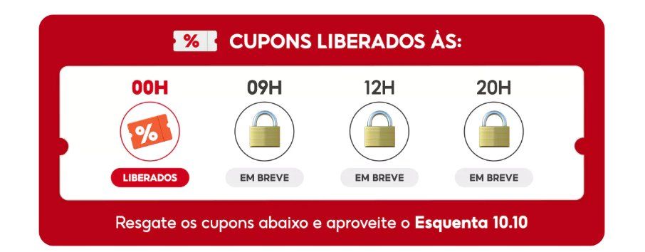 Cronograma de horários de liberação de cupons no Esquenta 10.10 Shopee: 00h, 09h, 12h e 20h