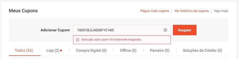 Erro Desculpe, este cupom foi totalmente resgatado ao adicionar cupom na Shopee