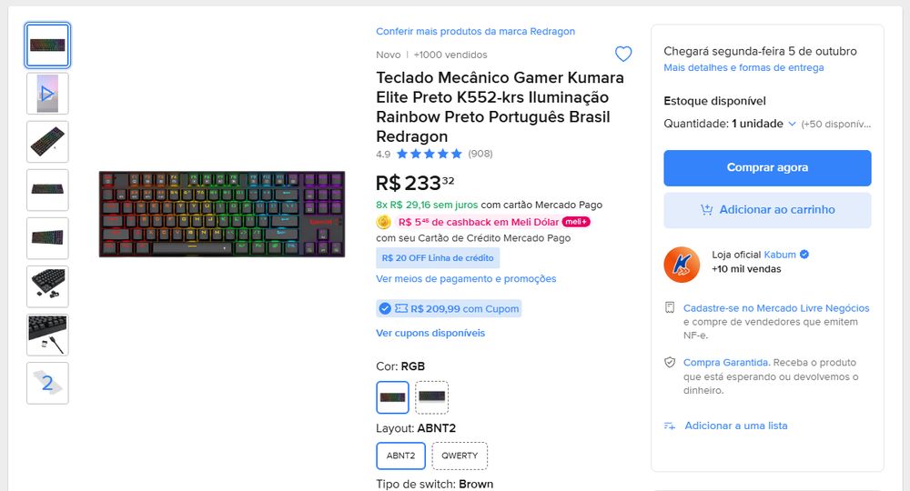 Print da promoção do Teclado Redragon Kumara Elite no Mercado Livre